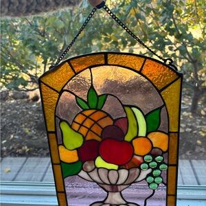 Stained Slag Glass Suncatcher Window Art Hanging Fruit Bowl Vintage